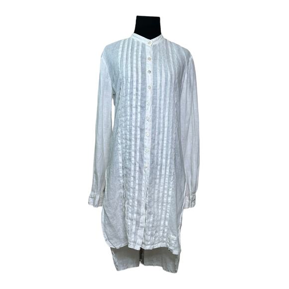 Claudio Milano white Italian linen pleated button down tunic blouse size M - Picture 10 of 15